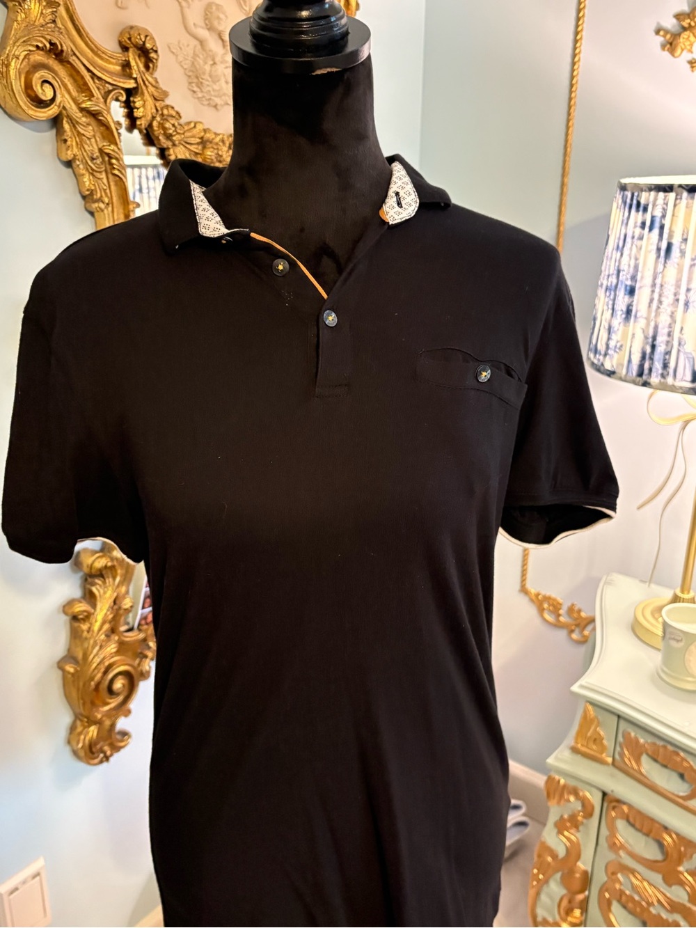 Denim & Flower Black Polo with Contrast Inner Collar